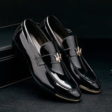 Hnzxzm Luxury Patent Leather Men Pointed Toe Dress Shoes Slip On Metal Decorated Business Gentleman Party Men Shoes Black Blue