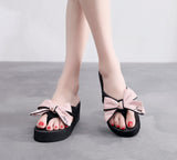 2021 Fashion Summer Slippers for Women Handmade Bow Wedge High Heel Ladies Flip-Flops Platform Outside Non-Slip Beach Shoe