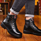 Hnzxzm New Autumn Winter Leather Men's Boots Comfortable Warm Lace-Up Safety Fashion Boots Waterproof Non-Slip Rubber Male Ankle Boots