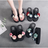 New Women's Summer Outdoor Slippers Fashion High Heel Thick Soles Non-Slip Flip-Flops Handmade Camellia Wedge Beach Shoes