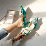 Hnzxzm Summer new stiletto pointed high heel rhinestone buckle sandals Satin Korean version of the wild Baotou female cool shoes