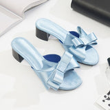 Hnzxzm Wearing flat slippers women's shoes Korean version of the summer new large bow satin round head sandals Wild half slippers