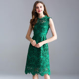 2019 summer new European and American large size women&#39;s solid color sleeveless openwork embroidery lace A word dress