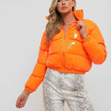 ZHYMIHRET Y2K Neon Color Women&#39;s Down Jacket 2021 Long Sleeve Parka Stand Collar Winter Warm Coat Mirror Smooth Zipper Overcoat