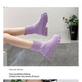 Hnzxzm Women Purple Knitted Ankle Boots Thick Soles Casual Large Spring New Women's Socks Boots Ladies Botas De Mujer Shoes