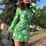 YiYiMiYu Y2K Fashion Wrap Floral Print Summer Casual Beach Sexy Mini Dress Women Chic Green Pink Long Sleeve Blouse Dress 2021