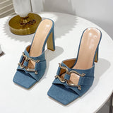 Hnzxzm New Blue Denim Slippers Women Outdoor Mules High Heels Fashion Metal Buckle Designer Sandals Square Toe Ladies Shoes Size 35-41