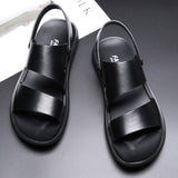Summer Men Sandals Genuine Leather Shoes Men Beach Sandals Flat Cow Leather Male Black Flip Flops