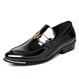 Hnzxzm Luxury Patent Leather Men Pointed Toe Dress Shoes Slip On Metal Decorated Business Gentleman Party Men Shoes Black Blue