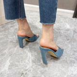 Hnzxzm New Blue Denim Slippers Women Outdoor Mules High Heels Fashion Metal Buckle Designer Sandals Square Toe Ladies Shoes Size 35-41