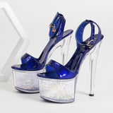 Hnzxzm 2022 Summer Women's Sandals Fashion Waterproof Platform Patent Leather Transparent Crystal Heel Sandals Nightclub Catwalk Shoes
