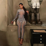 Hnzxzm Sexy Hipster Long Sleeve O-Neck Female Streetwear Outfits Mesh Striped Two Piece Set Women Sheath Body-Shaping High Street