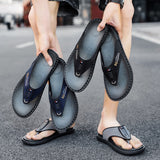 Hnzxzm Quality Leather Men Slippers Comfortable Fashion Summer Flip Flops Men Beach Shoes Breathable Flat Pantuflas De Hombre