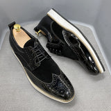 Hnzxzm British Style Classic Mens Business Casual Shoes Patent Leather Suede Wingtip Brogue Oxfords Black Flat Fashion Shoes for Men