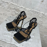 Hnzxzm 2022 New Sexy Yellow Mesh High-Heeled Sandals Square-Toe Women's Cross Strap Lace-Up Stiletto Hollow Shoes