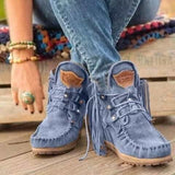 2022 New Winter Boots Women Female Comfort Fringe Pleated Sewing Shoes Cartoon Solid Leather Lace-Up Casual Flat Ankle Boots