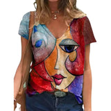 Hnzxzm V Neck Tshirt Women&#39;s Summer Casual Oversize Print Shirt Tops Loose Vintage Female Tee Streetwear Y2K Short Sleeve Clothes S-5XL