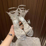Hnzxzm Summer New Women's Sandals Fashion Luxury Rhinestone Butterfly Snake Surround Chunky Heel Banquet Shoes