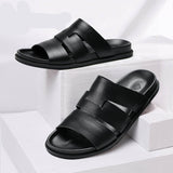 Hnzxzm new summer leather open toe men's sandals solid color simple basic beach shoes casual men's shoes