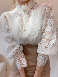 Women Sexy Lace Patchwork Hollow Out Shirt Blouse Long Sleeve O-Neck Mesh Design Tops 2022 Spring White Vintage Button Shirts