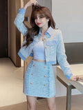 Hnzxzm Fall Winter Tweed Two Piece Set Women Crop Top Denim Stitched Short Jacket Coat + Skirts Sets High Quality Vintage 2 Piece Suits