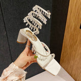 Summer 2022 New Style Women's Sandals Luxury Club Square Toe Pendant Rhinestone Snake High Heel Sandals Wedding Banquet Shoes