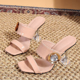 Hnzxzm 2023 New Transparent Heels 9CM Slippers Outdoor Fashion Metal Crystal Buckle Designer Sandal Women Slides Party Dress Shoe