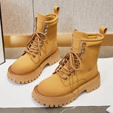 Hnzxzm Women's Ankle Boots Genuine Leather 2023 New Yellow Marton Boots Women Platform Lace-up Booties Women