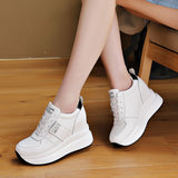 Genuine Leather Shoes Women Fashion Sneakers Flat Platform Shoes Women Flats Heigh Increasing 9cm Ladies White Shoes A4318