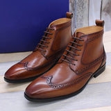 Classic Calfskin Leather Mens Ankle Boots Wing Tip Toe Lace Up Male Dress Formal Shoes Derby Basic Boots Handmade Comfortable