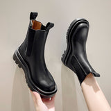 Hnzxzm Chelsea Boots Chunky Boots Women Winter Shoes PU Leather Plush Ankle Boots Black Female Autumn Fashion Platform Booties