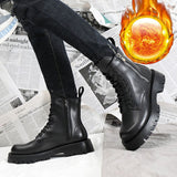 Hnzxzm Autumn Winter Shoes Men Genuine Leather Boots Thick Sole Non-slip Warm Plush Cold Winter Cow Leather Male Ankle Botas Black 4867