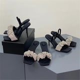 Hnzxzm European and American women's rhinestone high-heeled sandals square head and two-wear women's shoes