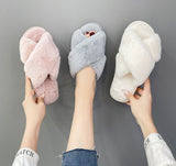 Hnzxzm Winter Women House Cross Band Slippers Fluffy Fur Fashion Warm Shoes Woman Slip on Flats Female Slides House Cozy Home Slippers