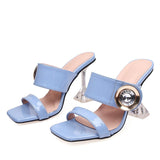 Hnzxzm 2023 New Transparent Heels 9CM Slippers Outdoor Fashion Metal Crystal Buckle Designer Sandal Women Slides Party Dress Shoe