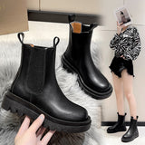 Hnzxzm Chelsea Boots Chunky Boots Women Winter Shoes PU Leather Plush Ankle Boots Black Female Autumn Fashion Platform Booties