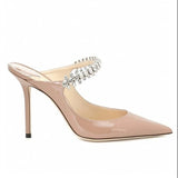 Hnzxzm European and American women's new pointed patent leather rhinestone half-drag high heels