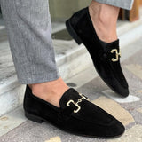 Hnzxzm Men Loafers Solid Color Faux Suede Square Toe Low Heel Metal Buckle Fashion Business Casual Wedding Daily Dress Shoes