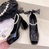 Hnzxzm New Spring Autumn Cute Kawaii Fashion Casual VersatileChain Soft Black and White Solid Pearl One Word Buckle Supper High Heels