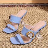 Hnzxzm 2023 New Transparent Heels 9CM Slippers Outdoor Fashion Metal Crystal Buckle Designer Sandal Women Slides Party Dress Shoe