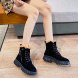 Hnzxzm 2022 Winter Shoes Women Suede Leather Boots Flat Non-slip Snow Boots Genuine Leather Warm Plush Women Ankle Botas Black A4848