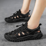 Hnzxzm New Summer Holiday Beach Shoes Mens Sandals Flat Non-slip Brand Male Sandals Fashion Cool Young Man Mesh Shoes Black A4701