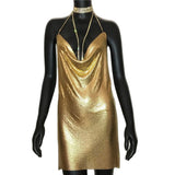 AKYZO Sexy Gold Sequined Patchwork Mini Dress Women Sleeveless Low Cut Metal Chains Halter Slim Charming Nightclub Party Dresses