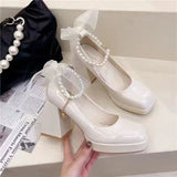 Hnzxzm New Spring Autumn Cute Kawaii Fashion Casual VersatileChain Soft Black and White Solid Pearl One Word Buckle Supper High Heels