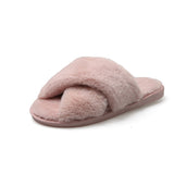 Hnzxzm Winter Women House Cross Band Slippers Fluffy Fur Fashion Warm Shoes Woman Slip on Flats Female Slides House Cozy Home Slippers