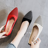 Women Knitted Pointed Loafers Office Shoes Casual Breathable Ladies Flats Fashion Comfor Sneakers Light Work Simple Stripe Pumps