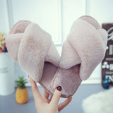 Hnzxzm Winter Women House Cross Band Slippers Fluffy Fur Fashion Warm Shoes Woman Slip on Flats Female Slides House Cozy Home Slippers