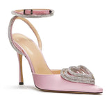 Hnzxzm European beauty new high heels love rhinestone satin banquet pointed toe shoes