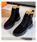 Hnzxzm 2022 Winter Shoes Women Suede Leather Boots Flat Non-slip Snow Boots Genuine Leather Warm Plush Women Ankle Botas Black A4848