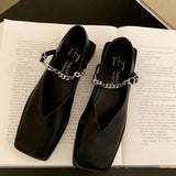 Hnzxzm Chain Flats Sandals Women Shoes Spring Summer New Chunky Mary Janes Shoes Designer Retro Dress Square Toe Mujer Zapatos
